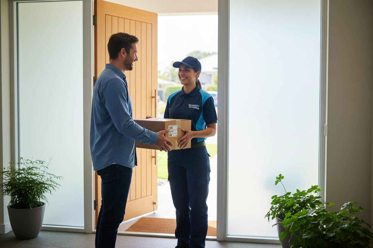 stwórz zdjęcie mężczyzny który przekazuje pudełko kurierowi 