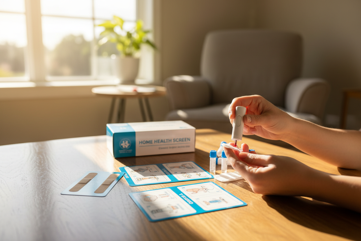 Stwórz zdjęcie "W domowym zaciszu pobierasz kilka kropli krwi z palca (lub inną wymaganą próbkę — zależnie od testu). Instrukcja krok po kroku prowadzi Cię przez proces bezpiecznie i szybko"